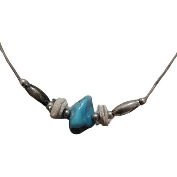1970s Sterling Silver Liquid + Shell Beads + Turquoise Stone Necklace [Vintage] - Picture 1 of 5
